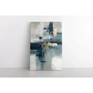 Blue Grey and Gold Abstract Canvas Wall Art – Modern Vertical Painting with Minimalist Geometric Design, Gallery Wrapped