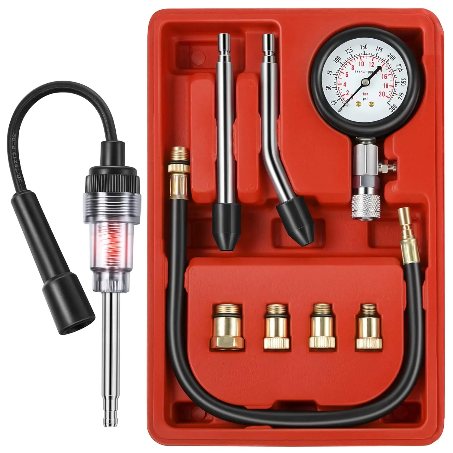 9-piece car compression tester kit and spark plug tester, red| 0-300PSI Universal Cylinder Pressure Test Tool for Automobiles, Motorcycles, Chainsaws, Outboard Motors, and Snowmobiles