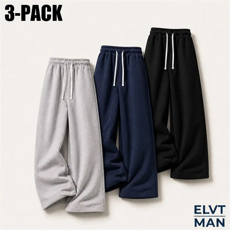 Men's 3-Pack Baggy Fleece Blend Sweatpants - Full-Length Oversized Wide Leg, High Drawstring Waist, Pockets, Gym Loungewear, Casual Jogging Pants, Gym Streetwear Bottoms, Drawstring Waist Jogger, Sporty Chic Mens Clothing