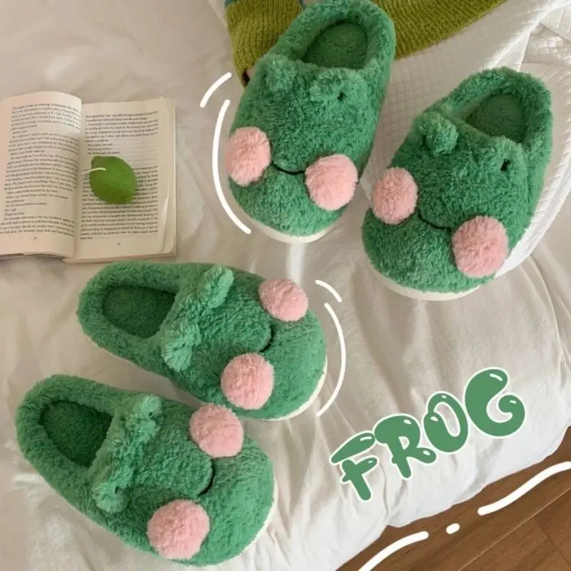 Cute Frog Slipper Slides for Women, Warm Plush Cotton Footwear with Non-Slip EVA Sole for Indoor Wear, Slip On, Funny, Animal Print, Frog Face, 36-41 Yards