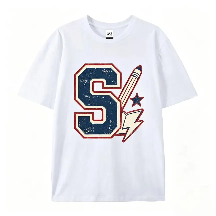 Women's Retro Varsity Short-Sleeve Oversized Cotton T-Shirt - Vintage Letter S & Lightning Graphic, Casual Comfort Top, Back to School Outfit, Ideal Gift for Students, Shortsleeve