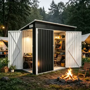 4 x 8 FT Galvanized Steel Outdoor Storage Shed with 3 Access Doors, Ventilated Weatherproof Metal Utility Shed for Garden Tools, Bikes & Patio Equipment,Black(3.58*7.41 ft)