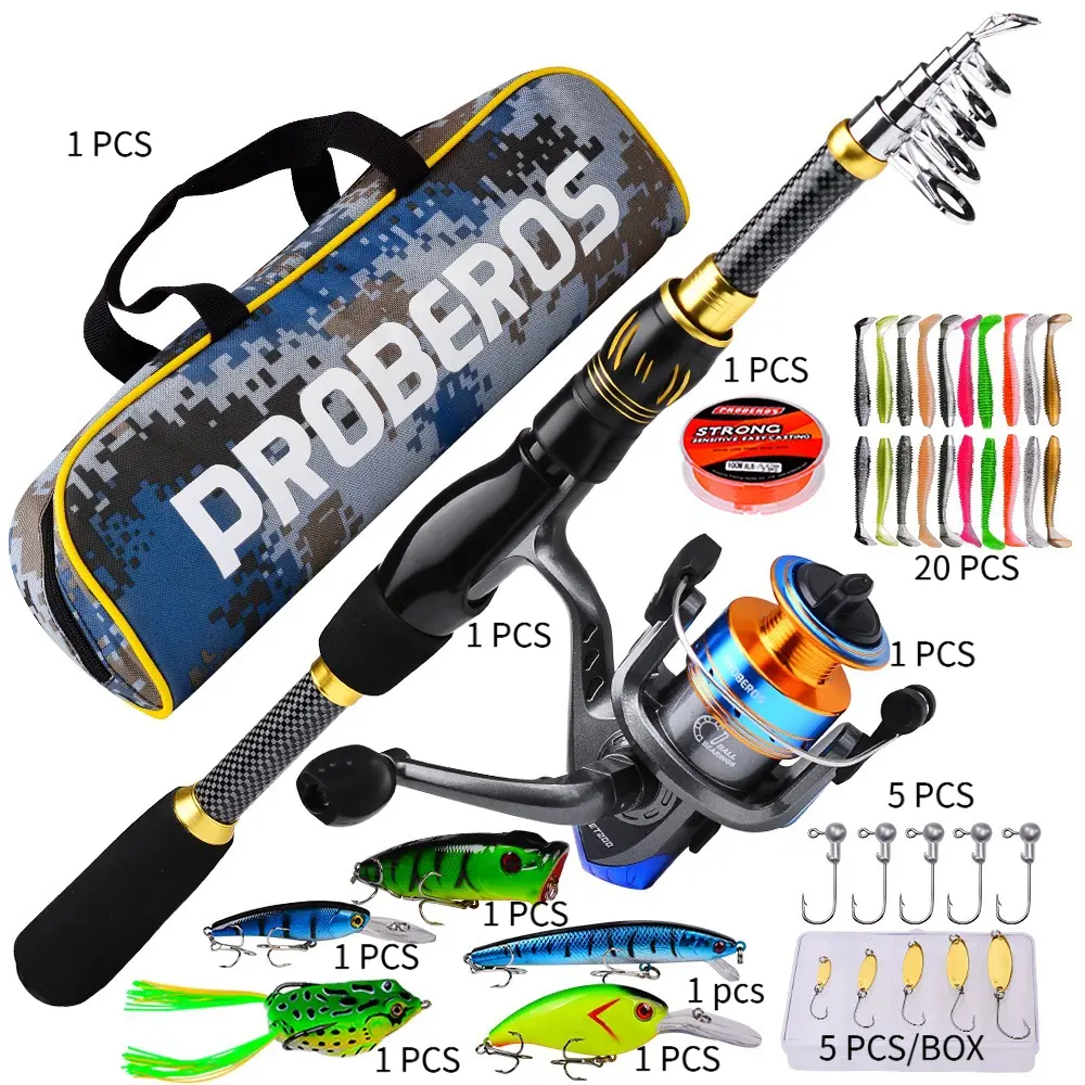 Portable Telescopic Fishing Rod Spinning Reel Full Set, Complete Fishing Tackle Kit with Fishing Line, Lure Baits, Hooks and Carry Bag, 1.5m-2.4m Travel Fishing Pole for Freshwater and Saltwater Fishing