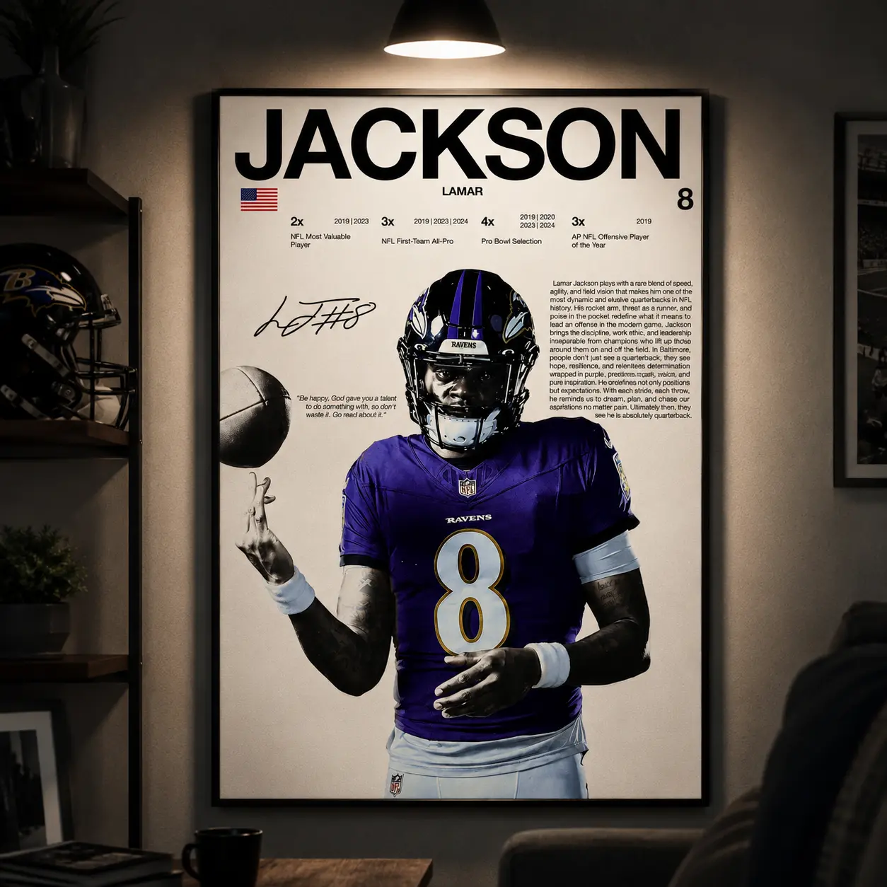 Lamar Jackson Canvas Wall Art Poster, Baltimore Ravens Football Artwork Print, Sports Decor for Fans, Waterproof Canvas Decor for Bedroom Office Dorm Man Cave Game Room, Football Gift for Men Teens NFL Fans, Modern Sports Room Decoration