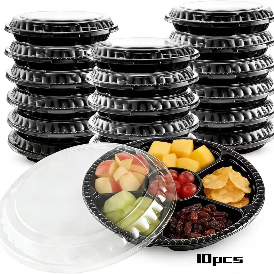 10-Pack Plastic Vegetable Trays with Lids and Forks, Food Trays for Party, 10.6-Inch 6-Compartment Disposable Party Plates, Party Tableware, Ideal for Vegetables, Fruits, Snacks, Nuts, Buffet Dining Containers