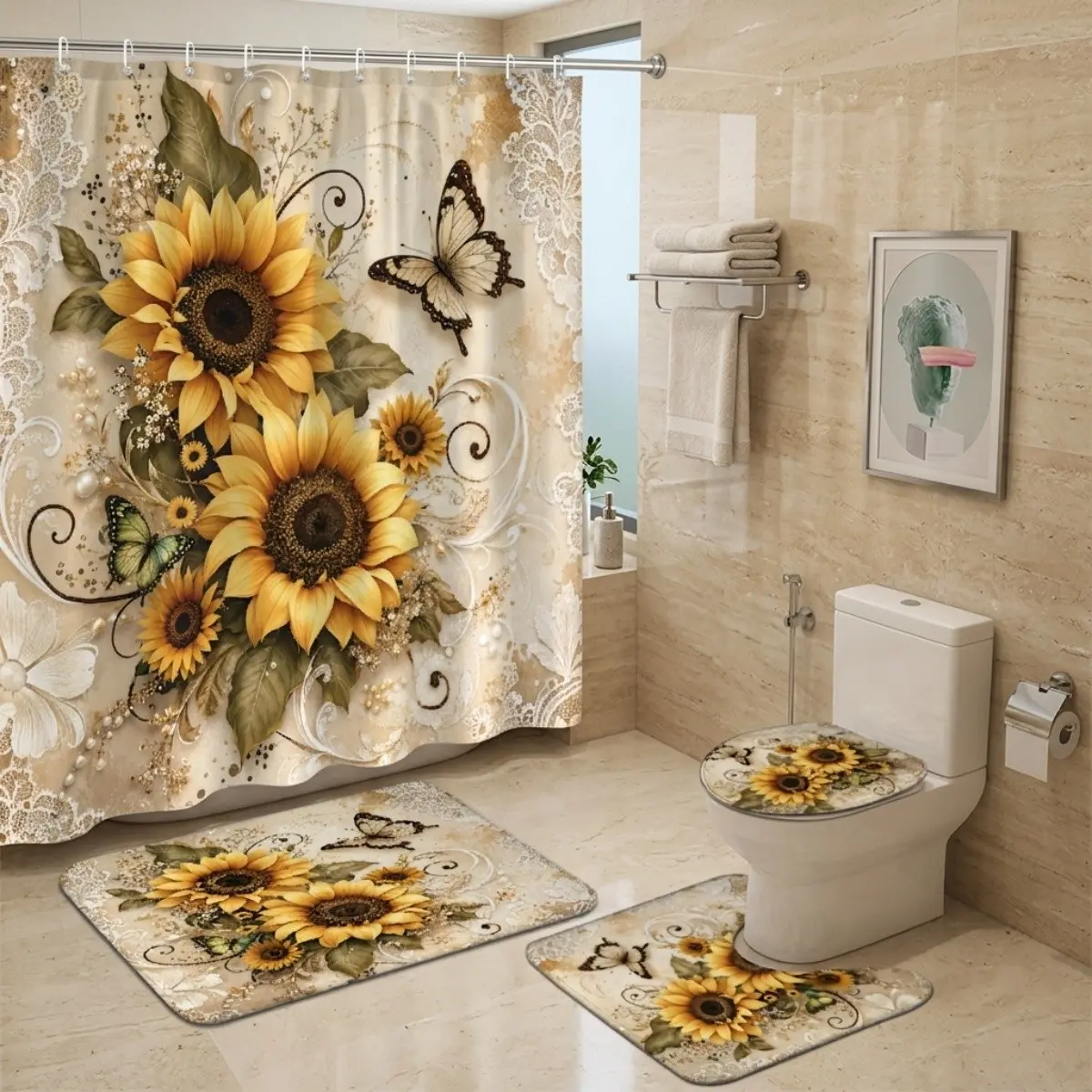 4pcs Sunflower and Butterfly Bathroom Decor Set, Vintage Parchment Floral Shower Curtain, Elegant Rustic Farmhouse Accessories, Farmhouse Shower Curtains for Bathroom