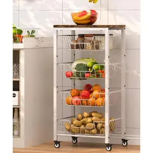 Fruit Vegetable Storage Cart for, 5-Tier Vegetable Stand Rack with Pull-Out Fruit Baskets, Rolling Snack Cart with  Top & Banana Holder for Pantry, Living Room, Bathroom, White
