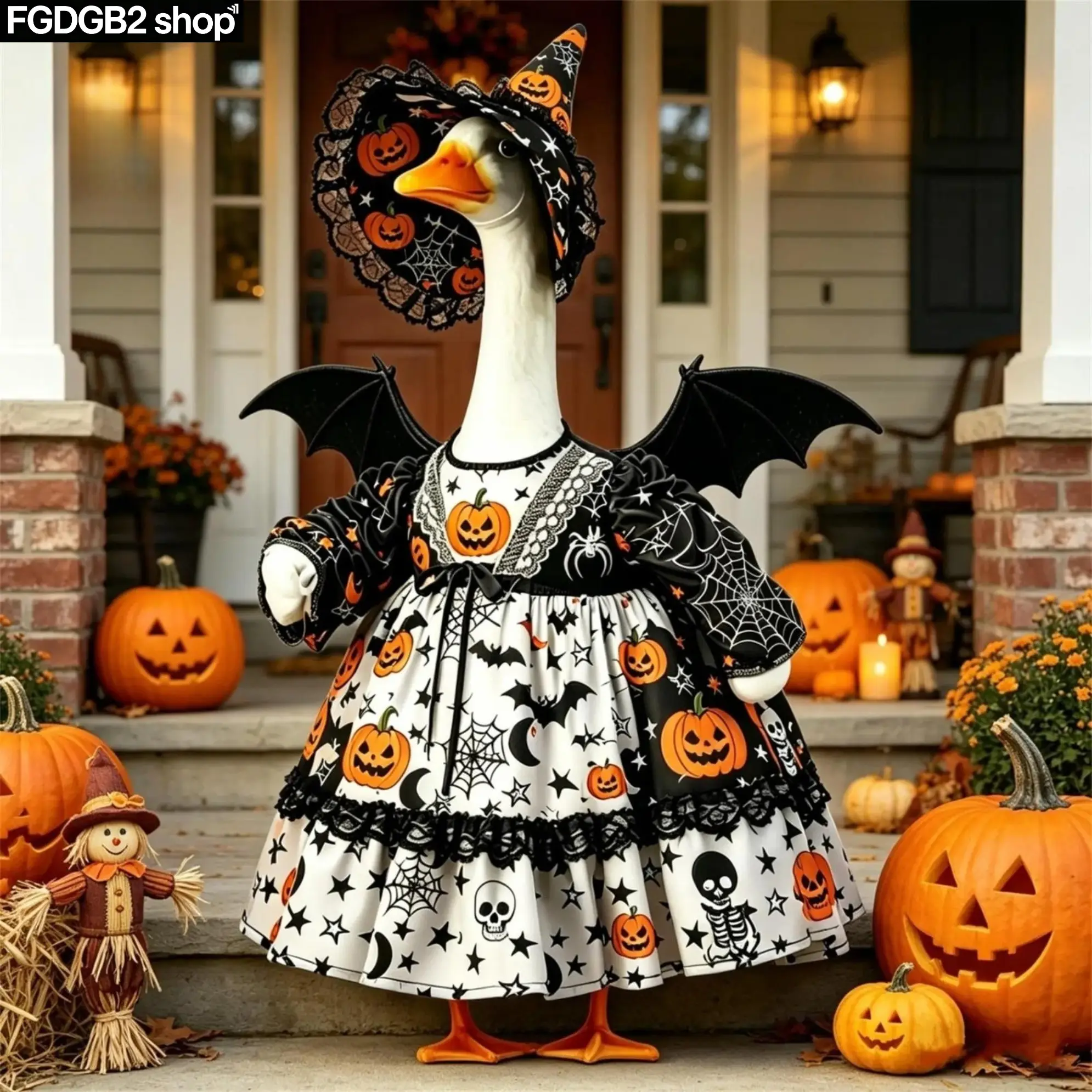 Halloween Porch Goose Outfit, Cute Pumpkin Bat Print Goose Costume with Hat & Wing Accessories, Spooky Fall Lawn Decor Clothes for Front Porch, Patio, Yard, Garden & Outdoor Seasonal Decoration