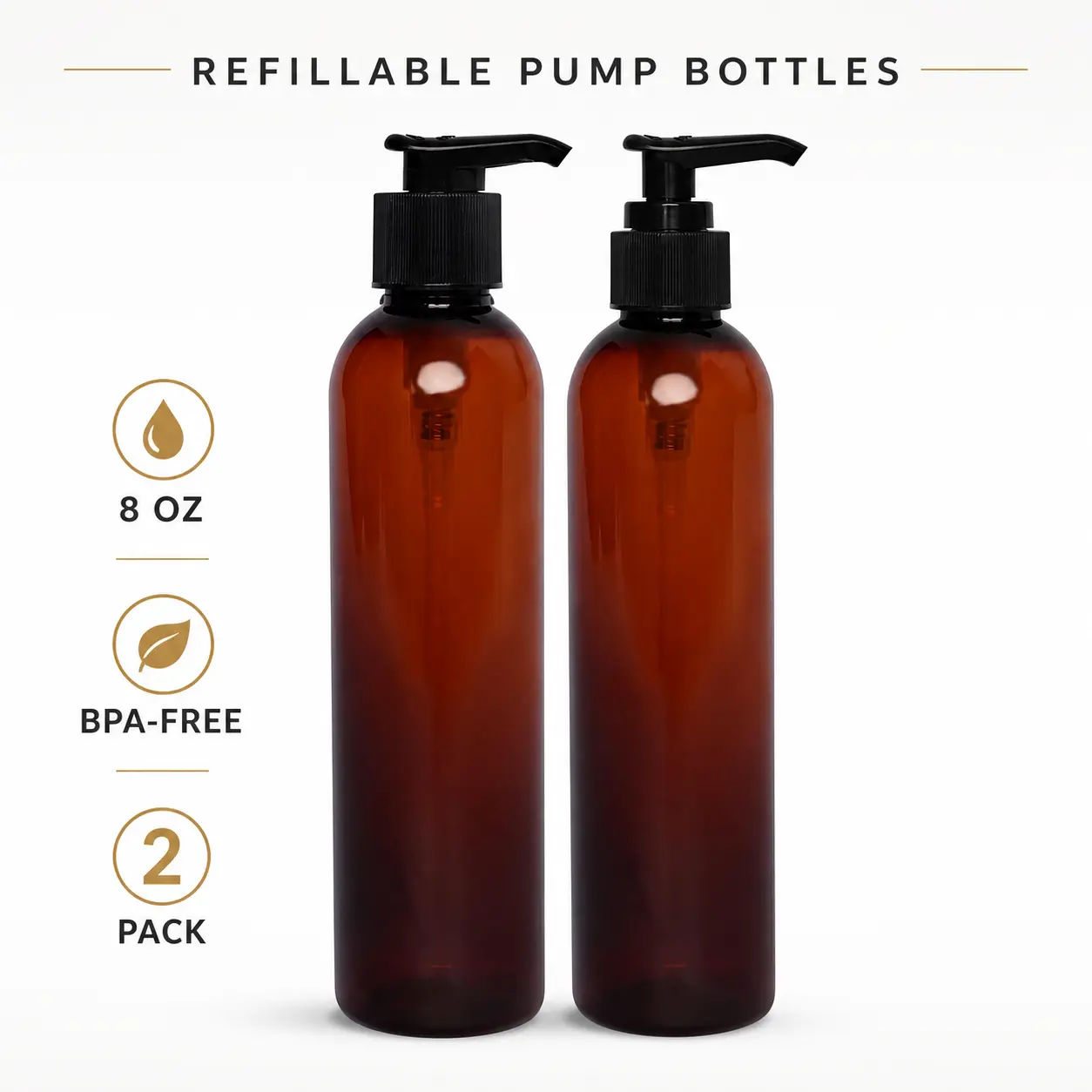 8 oz BPA-Free Amber Plastic Refillable Lotion Pump Bottles with Black Dispensers, 2-Pack Bathroom Soap Dispensers for Shampoo, Liquid Body Soap, 8 Oz Bottles, 8Oz