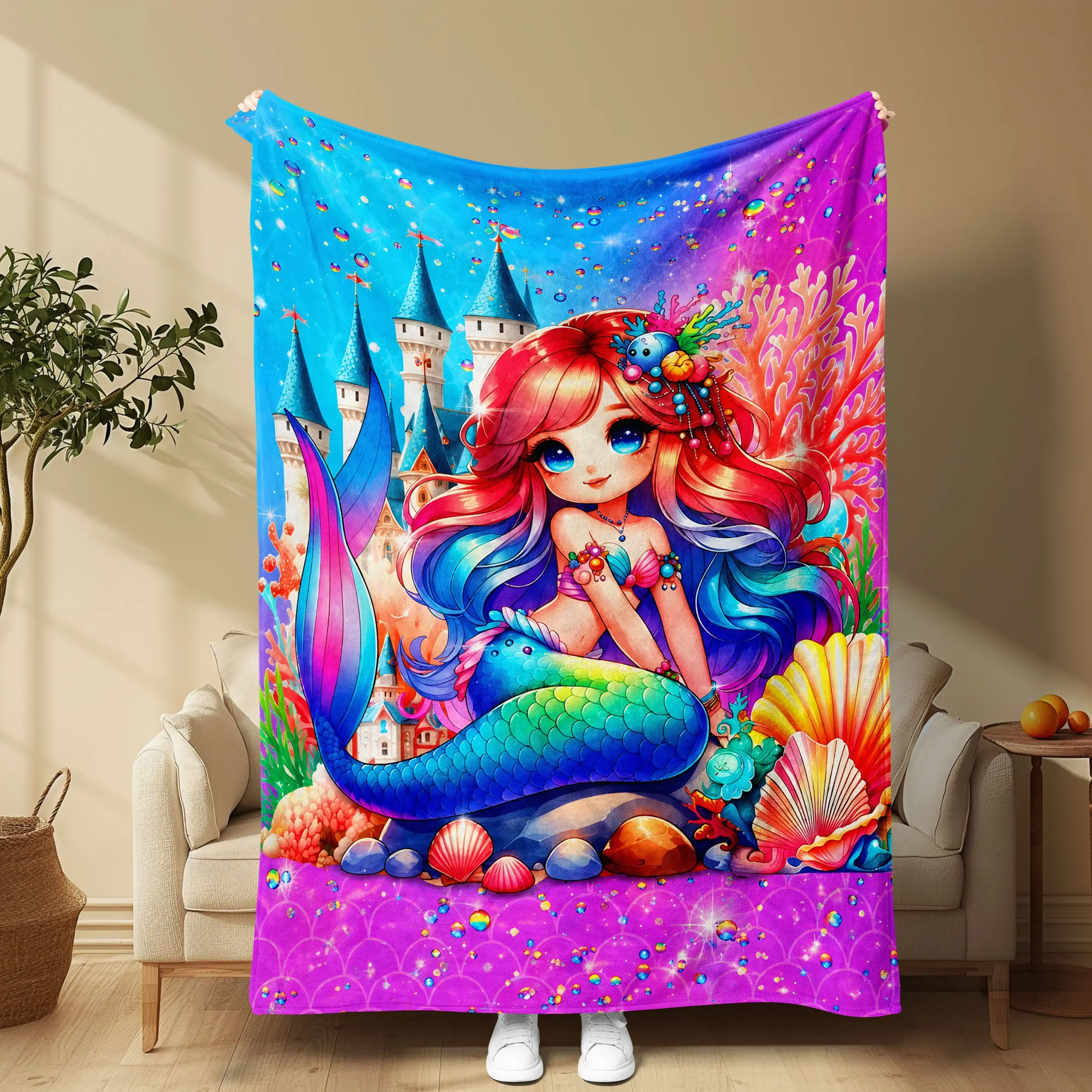 Dreamy Mermaid Theme Blanket, Soft Flannel Material, Bright Colors, Ideal for Gift, Home Decor, Daily Use, All Seasons Comfort