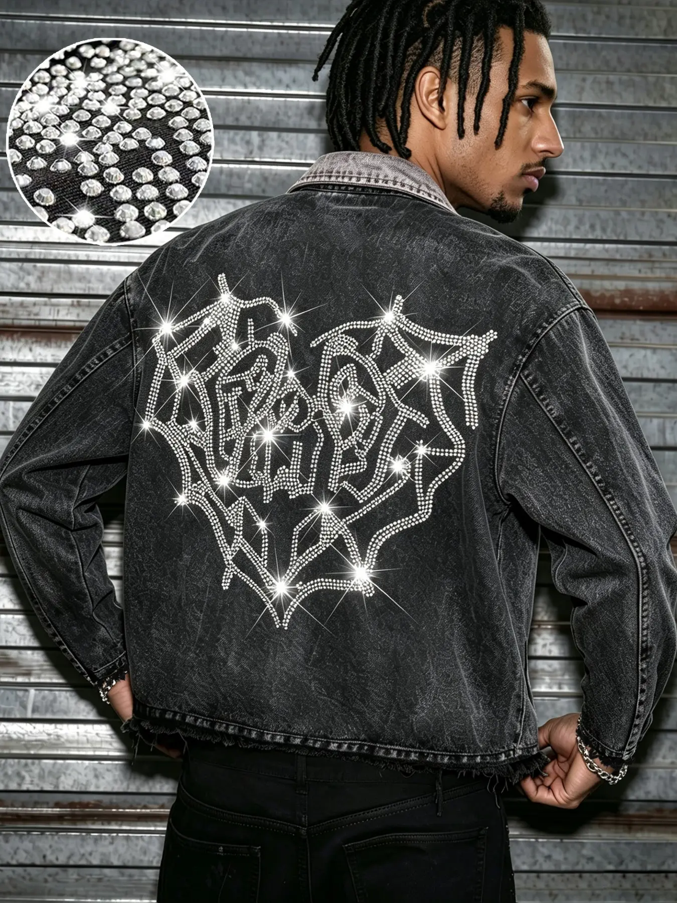 Men's Vintage Street Style Denim Jacket, Heart Rhinestone Design, Frayed Edge, Perfect for Daily Wear and Parties