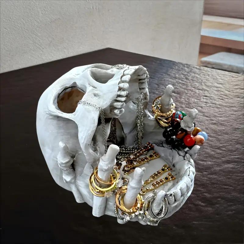 Gothic Skull Jewelry Organizer Box - Halloween Gothic Decor with Multiple Compartments & Necklace Hooks, Resin Desktop Storage for Rings/Earrings, Artistic Home Decor Accessory