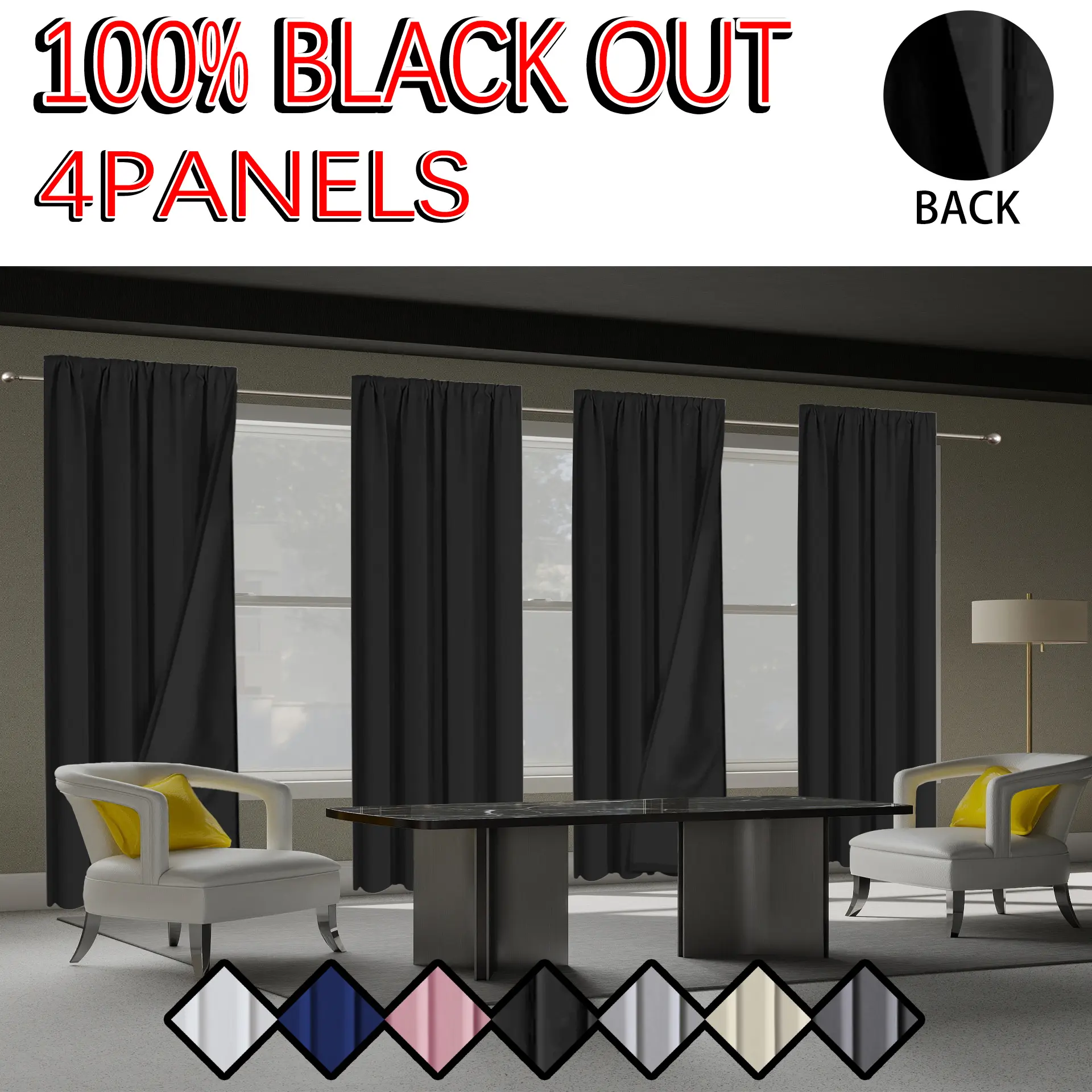 4-piece set, made of polyester material, designed with film covering technology, 100% blackout, heat insulation and noise reduction curtains, hanging through poles, modern, simple and lightweight, suitable for decoration occasions such as bedrooms, living