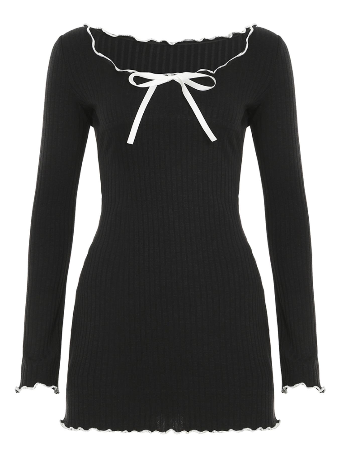 Women's Colorblock Ribbed Scoop Neck Dress, Casual Classy Elegant Minimalist Long Sleeve Short Dress for Summer, Fashion Lady Dress for Daily Wear, Bodycon Dresses, Womenswear, Date Night Dresses, Formal Elegant Dress, Bodycon Smooth Dress