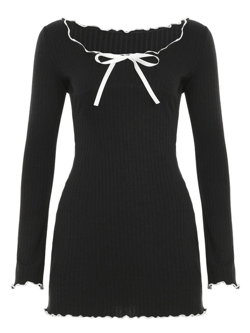 Women's Colorblock Ribbed Scoop Neck Dress, Casual Classy Elegant Minimalist Long Sleeve Short Dress for Summer, Fashion Lady Dress for Daily Wear, Bodycon Dresses, Womenswear, Date Night Dresses, Formal Elegant Dress, Bodycon Smooth Dress