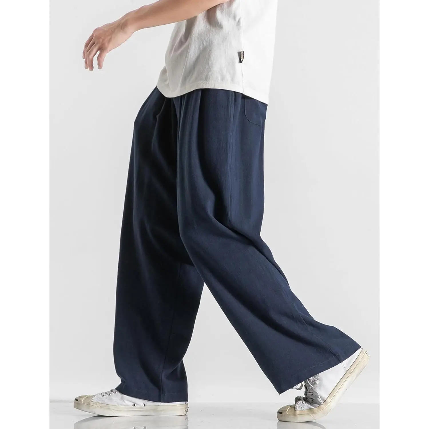 Men's Cotton-Linen Loose Drawstring Wide-Leg Trousers - Plain Solid Color Lounge Pants for Summer Beach Use