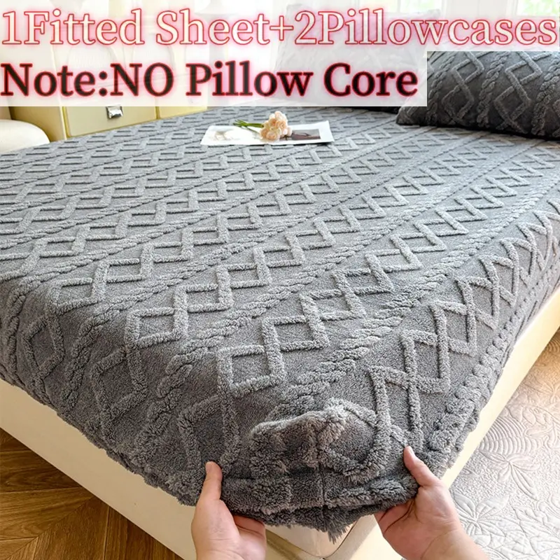 1 Fitted Sheet + 2 Pillowcases Thickened Plush Cozy Bed Sheets 3-Piece Bed Sheet Set — Warm Bed Cover with Pillowcases, Anti-Slip Deep Pocket Design, Fitted Sheet Set Only (No Pillow Core Included)