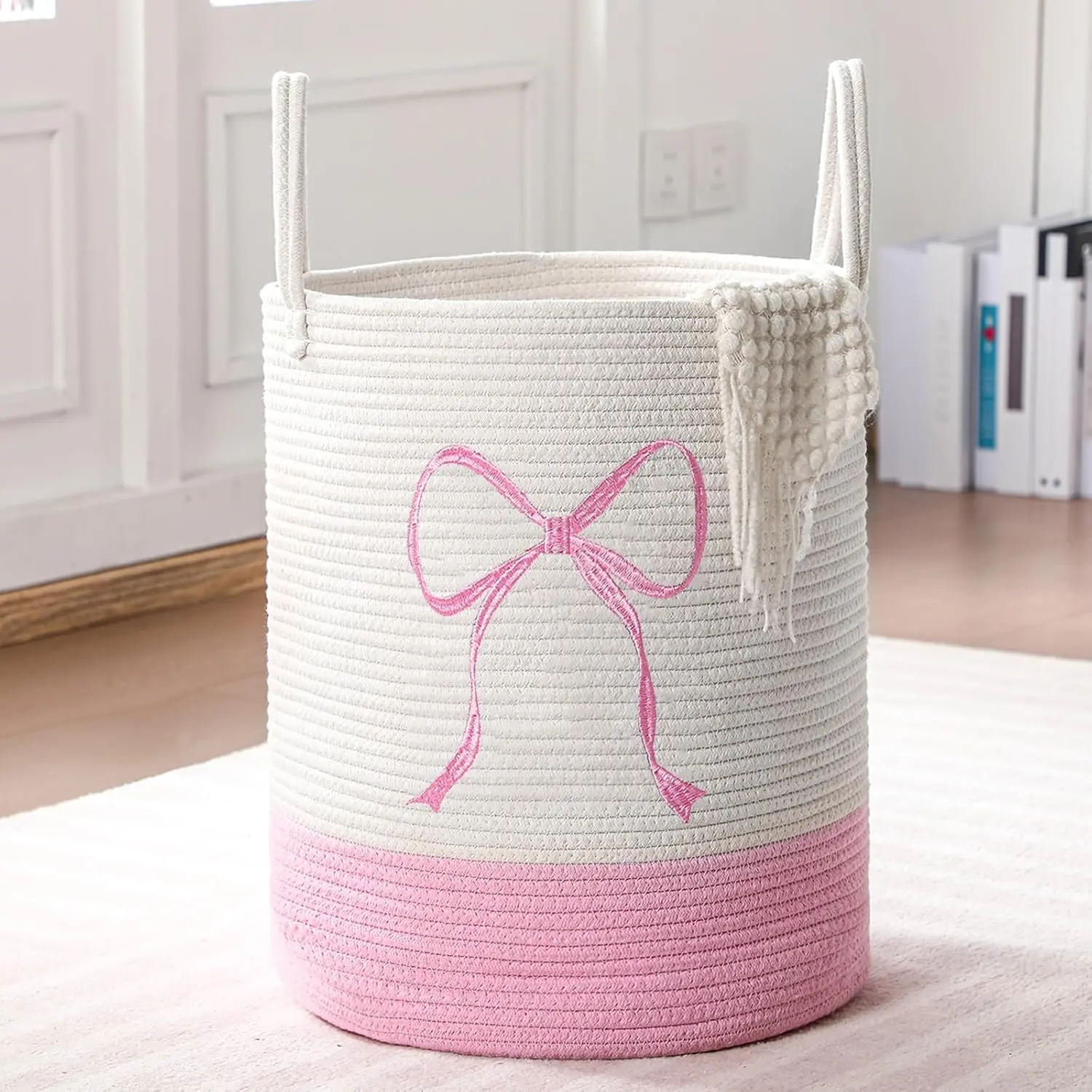 Pink Coquette Bow Laundry Basket Hamper, 15 x 17.7 Inches Large Cotton Rope Toy Storage Box, Teens Girls Room Organizer for Blanket Toys Clothes Organization