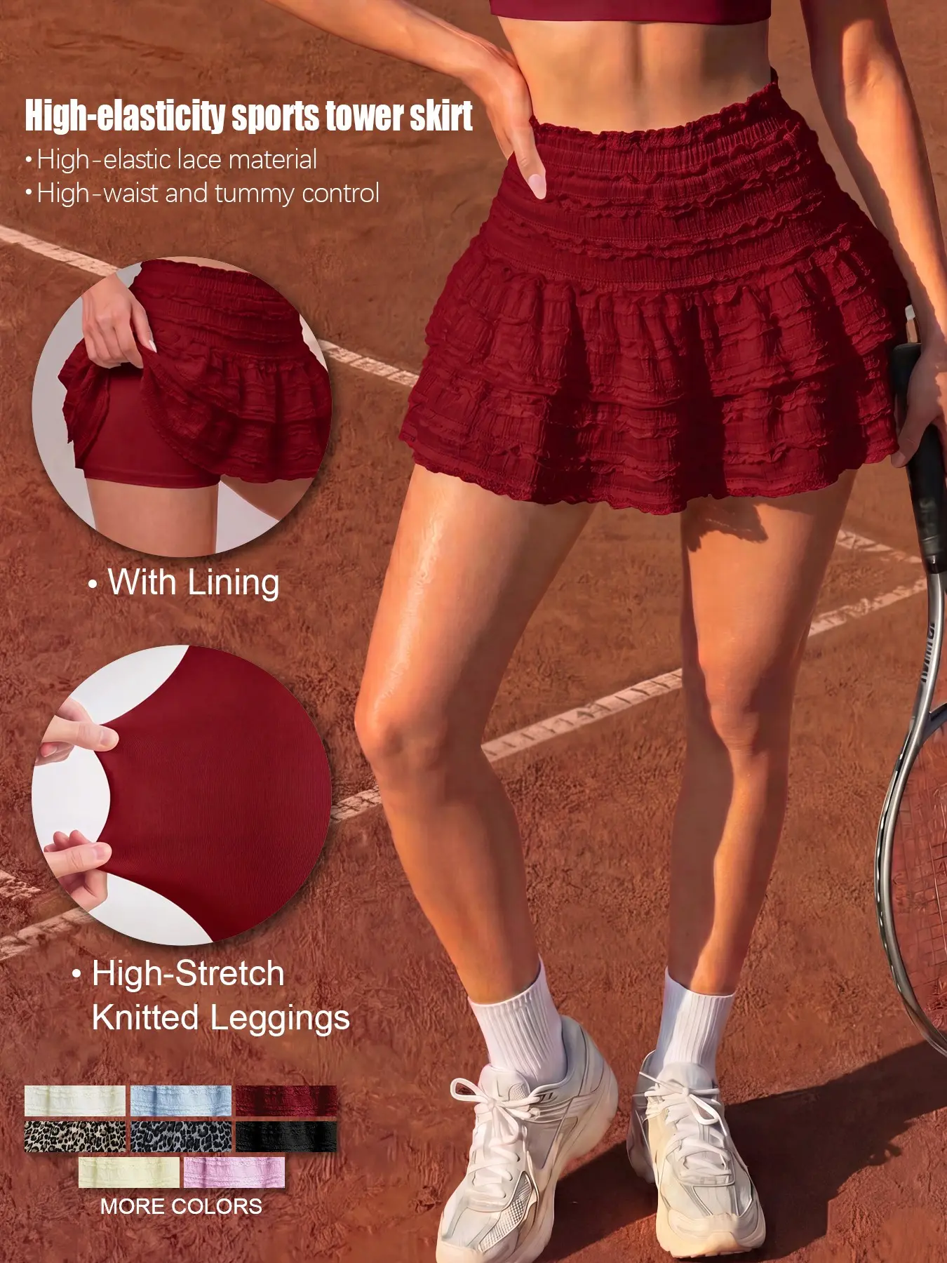Women's Pleated Ruffle Hem Mini Skirt with Lace High-Waist Plus Knitted Lining Shorts, Shirred Double-Layer Skirt, Multi-Layer Flared Style, Soft & Comfortable, Sporty Breathable Skorts, Tennis Skirt, Lined Tennis Skorts, Stretchy Skorts