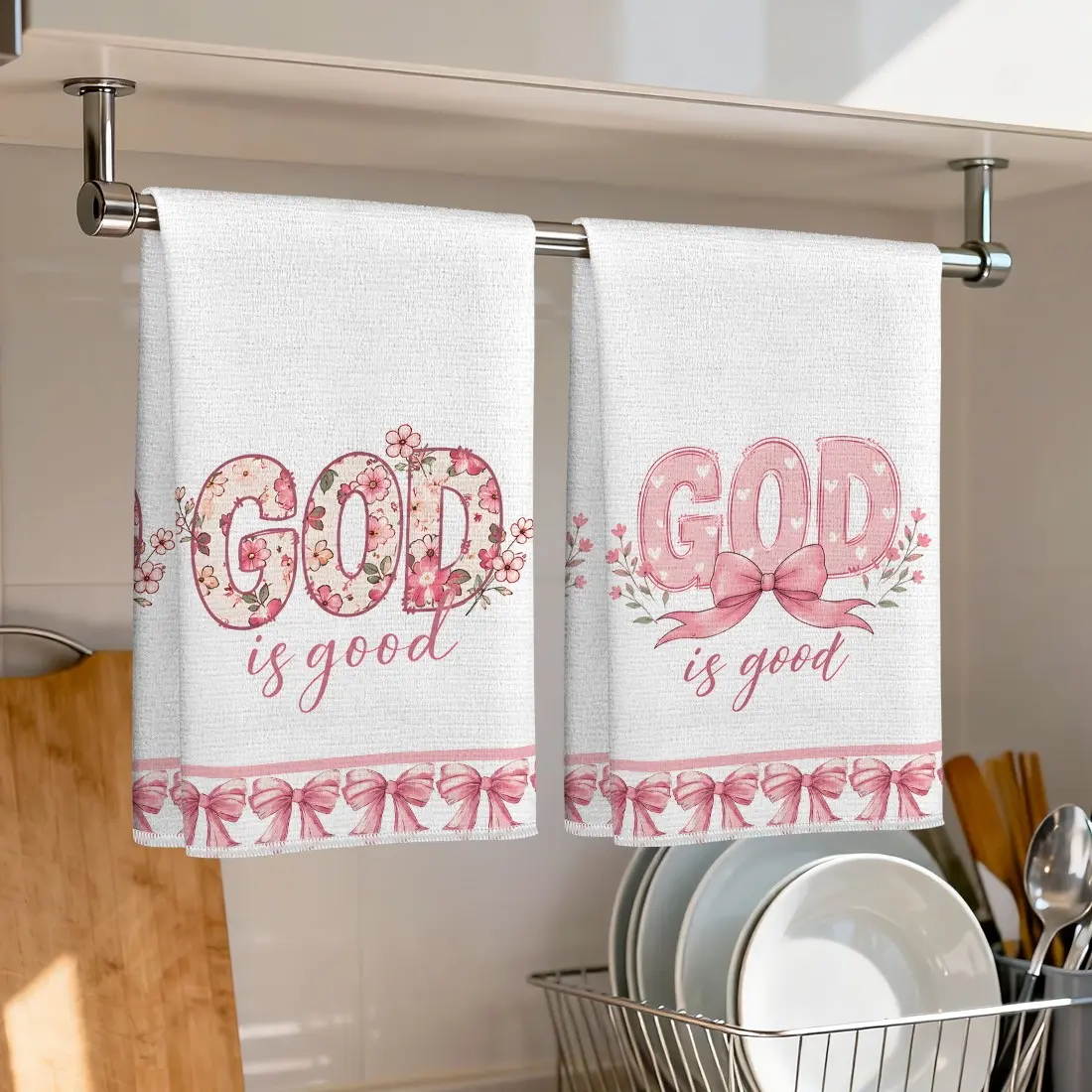 2pcs Pink Floral Bow Text Pattern Microfiber Kitchen Towels, 40x60cm, Single Sided Print, Dishwashing, Hand Drying, Party Decor, Gift, Kitchen Cleaning Towels