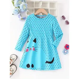 Dots & Kitty Print Girls Long Sleeve Dress, and Autumn everyday casual dress, parties, gifts