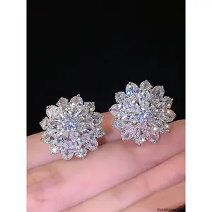 Crystal Flower Stud Earrings for Women, Elegant Multi-Layer Marquise Cut CZ, Sparkling Silver Tone Jewelry for Weddings & Gifting, Artificial Crystal
