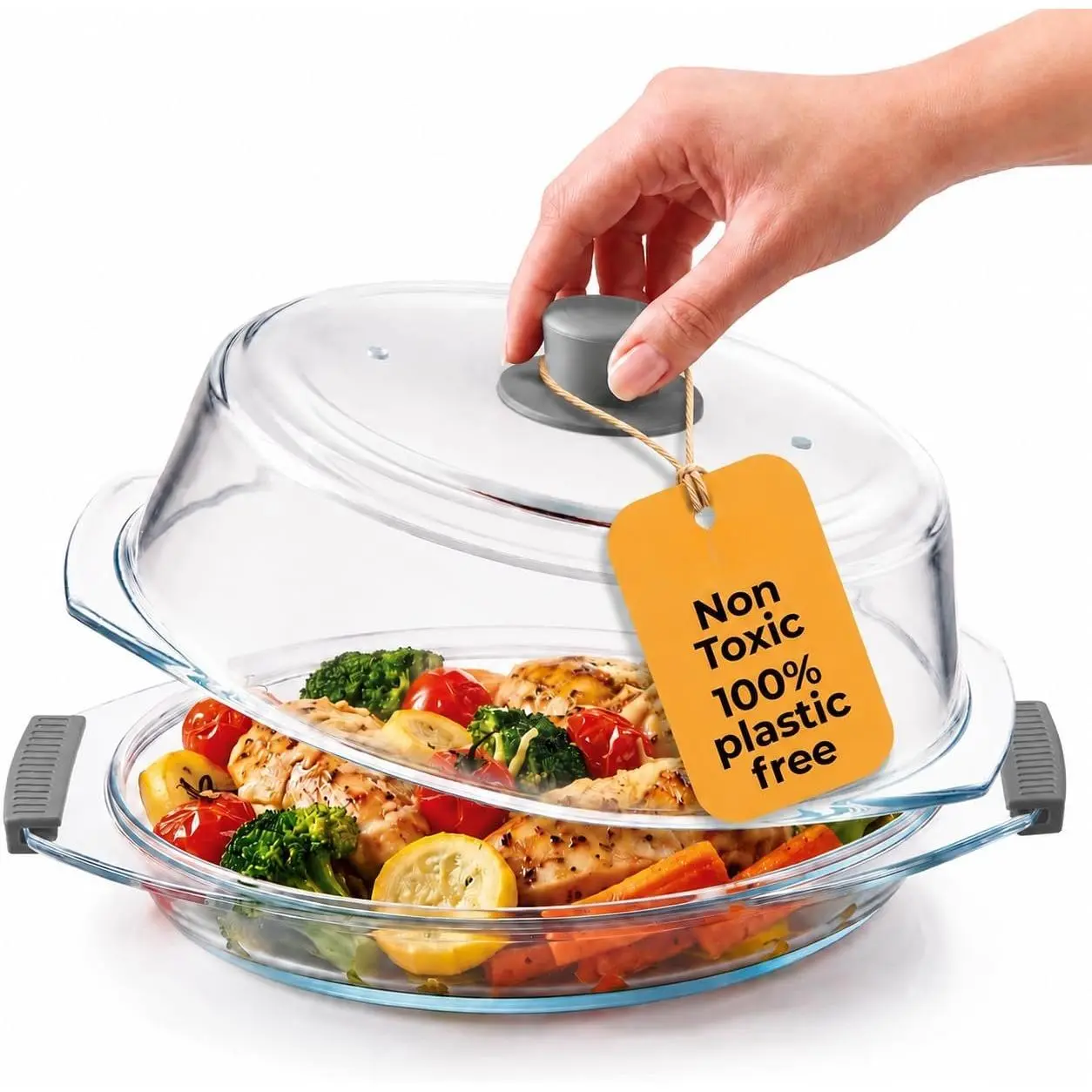2in1 Glass Microwave Plate and Cover/Splatter Guard Lid, with Easy Grip  handle,   Grade,  and Dishwasher safe (Gray)