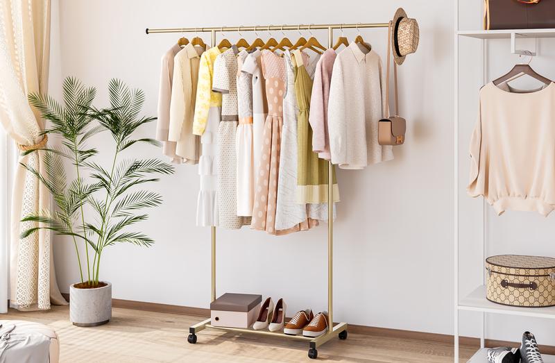 Metal Clothing Garment Rack,31.5 to 55.12 Inches Extensible Rod,  Rolling wheel Portable Drying HangingGarment Rack Suitable for Living Room, Bedroom,Balcony, Laundry