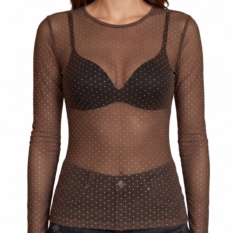 Women's Polyester Long Sleeve See-Through Mesh V-Neck Blouse with Hot-Fix Beads, Party Wear Tops for Skirt Outfits