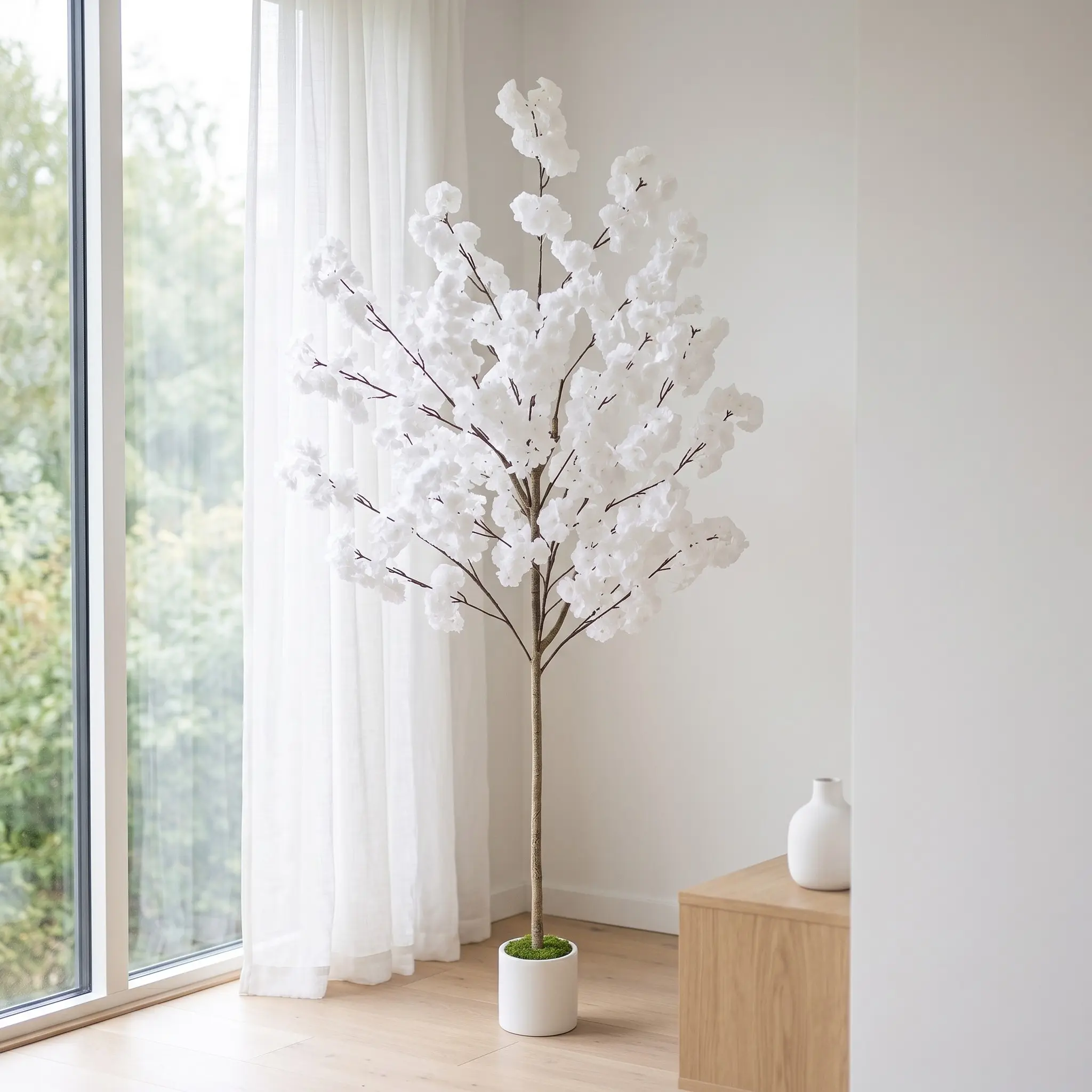 4.2FT/5.9FT (130/180cm) Premium White Artificial Cherry Blossom Tree with Pot, Realistic Modern Style, Large Floor Standing Faux Flowering Tree UV Resistant Easy Care for Indoor Outdoor Home Living Room Bedroom Office Wedding Party Christmas Holiday All S
