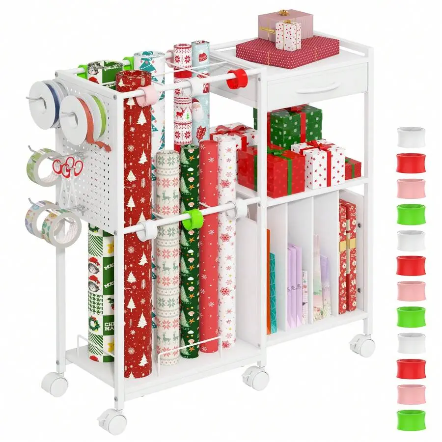 Wrapping Paper Storage Cart With 12PCS Slap Bands, Gift Wrapping Station Gift Bags And Ribbons, Gift Wrap Organizer With Drawer And Hooks(White)