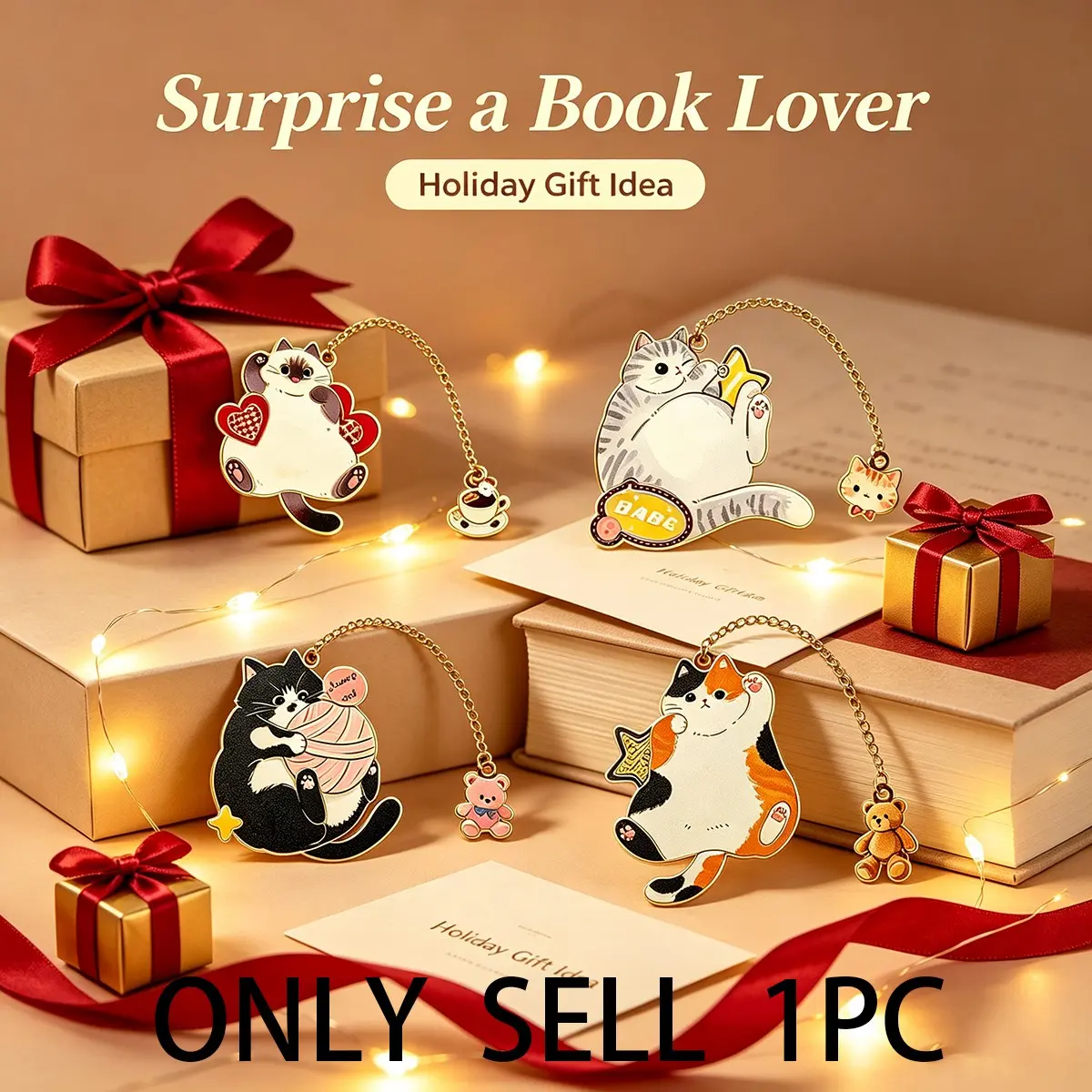 Cute Cat Design Metal Bookmark, Stainless Steel Material, Elegant Chain Pendant, Perfect Gift for Readers, Cat Lovers, Students