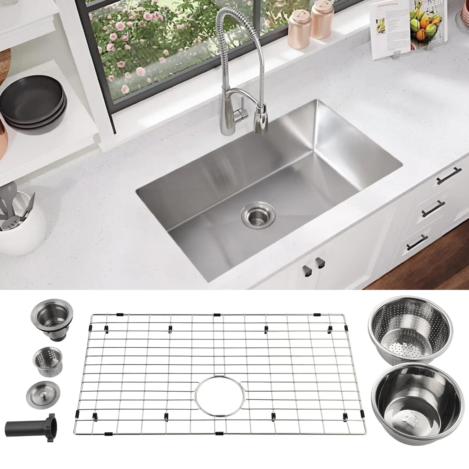 GARVEEStainless Steel Kitchen Sinks - Available in 30 and 32 Inch Sizes, Featuring 16 Gauge Single Bowl Undermount Design, Easy Drain, Low Noise Operation, and Easy-to-Clean Surface with Accessories Included