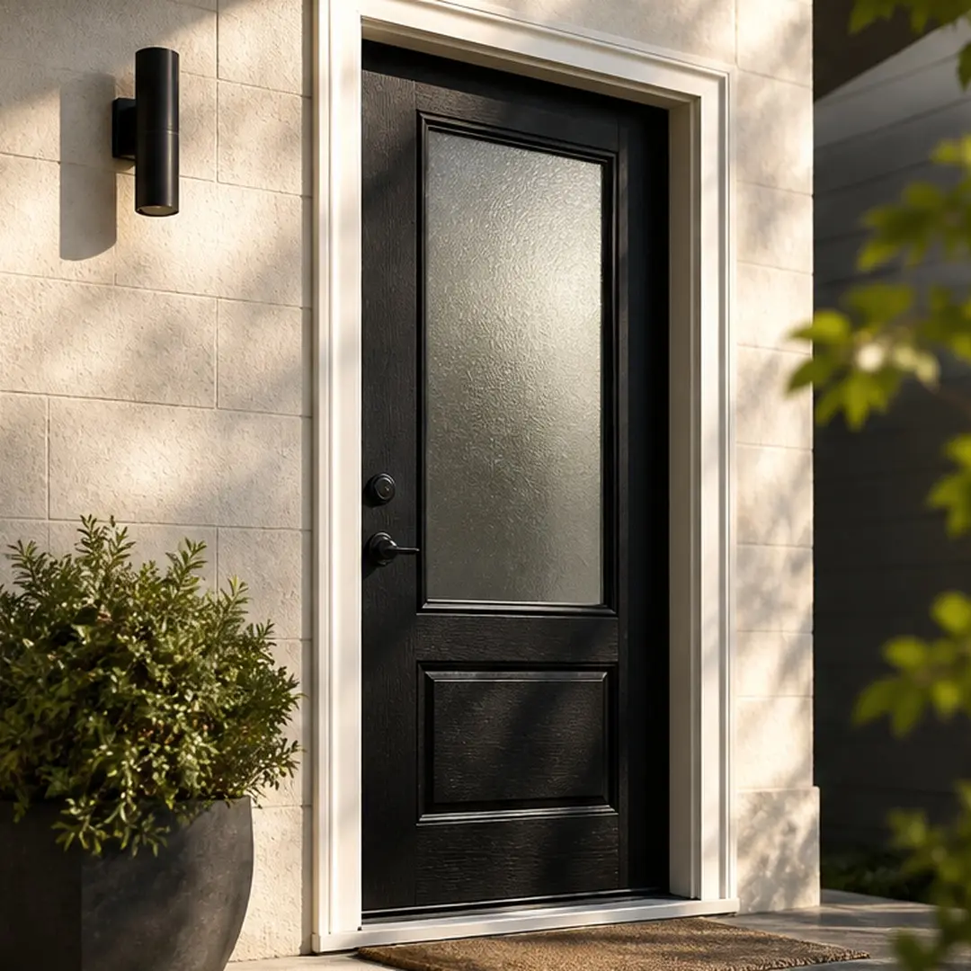 ARCH 36x80 Fiberglass Entry Door with Frosted Glass, Black Finished Knock-Down Door, Left Hand Inswing, White Vinyl Frame, Modern Contemporary Front Door for Home Entrance, Garden & Outdoor Use, Black Color Options, Fiberglass Material