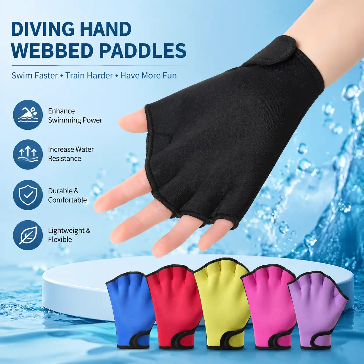 Professional Adjustable Webbed Swimming Gloves - Natural Rubber, Duck-Paw Grip, Ergonomic Design, Durable Swimming Gear for Adult Pool Training, Enhanced Propulsion, Improved Technique & Endurance, Webbed Gloves