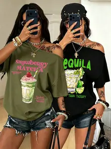 3 Pack Women TikTok Viral Y2K Cocktail Drink Graphic Off Shoulder Tees, Slant Cold Shoulder Short Sleeve Loose Fit Casual Tops, Vintage Grunge Coquette Aesthetic Fruit Milkshake Print Drop Shoulder T Shirts,Daily Street Style, Sports Game, Club Night
