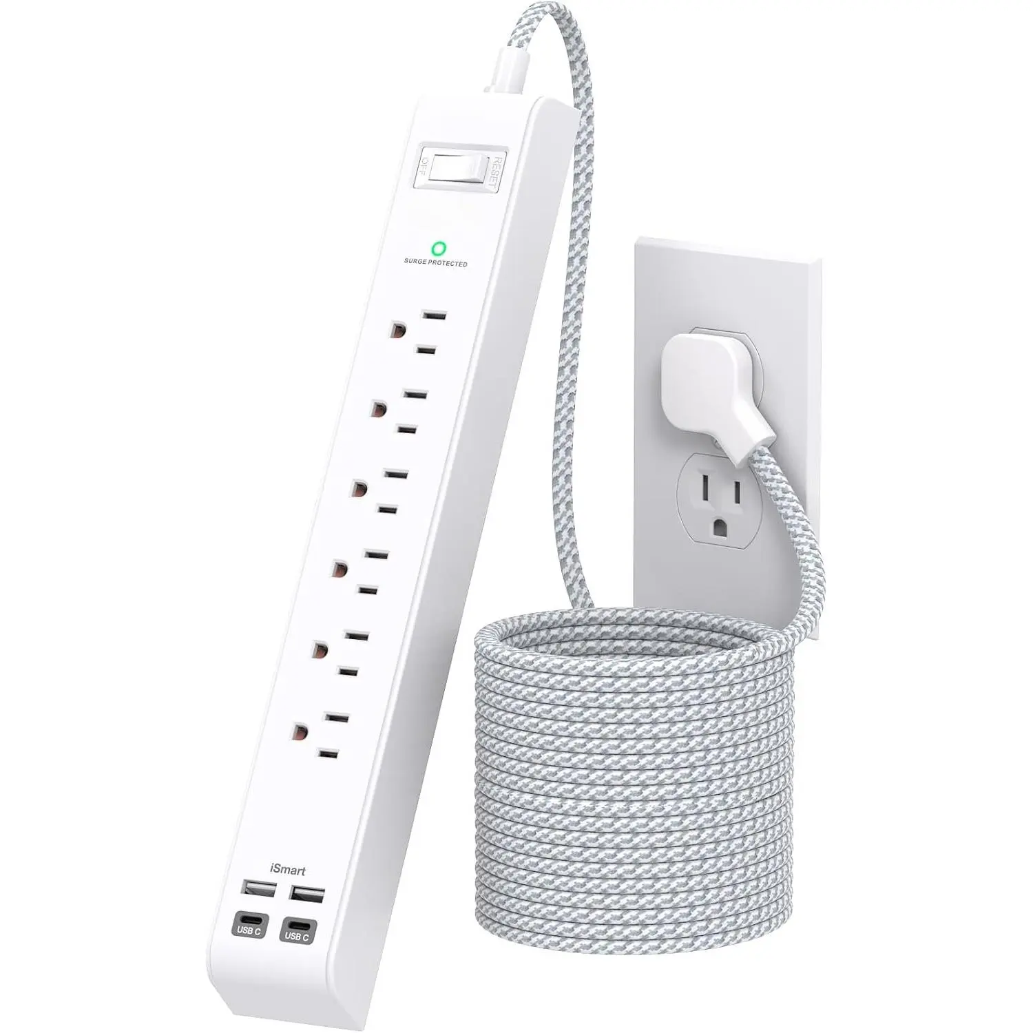 Surge Protector Power Strip 5FT, 10-in-1 with 6 AC Outlets 4 USB Ports(2 USB-C), Ultra Flat Plug Braided Extension Cord, Wall Mountable, 1080J Surge Protection, ETL Listed, White
