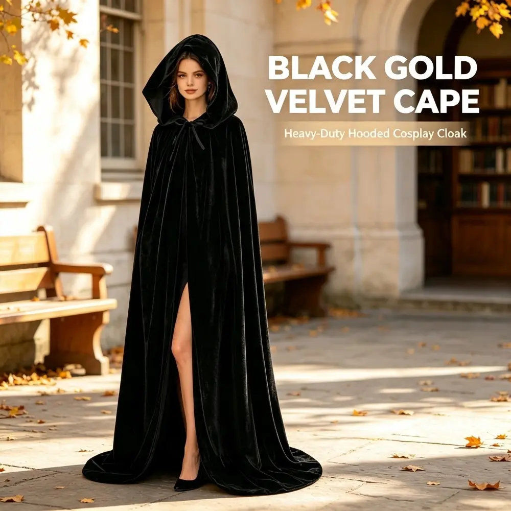 Women's Black Velvet Hooded Long Cape - Halloween Party Cosplay Cloak for Adults Carnival Clothes