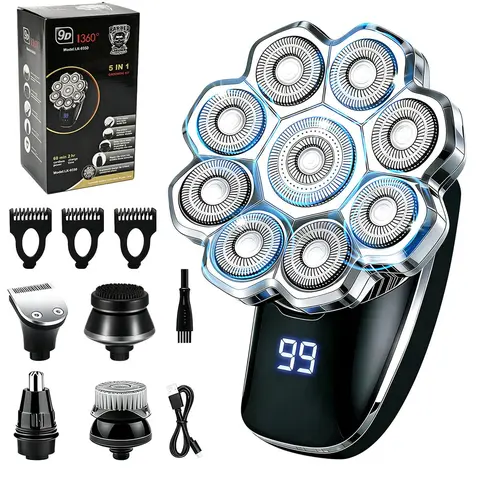 5 in 1 Electric Hair Trimmer Kit, 1 Set Waterproof Wet/Dry Grooming Shavers, Multifunctional Body Hair Shaver, Cordless Rechargeable Bald Head Rotary Razor for Home & Travel
