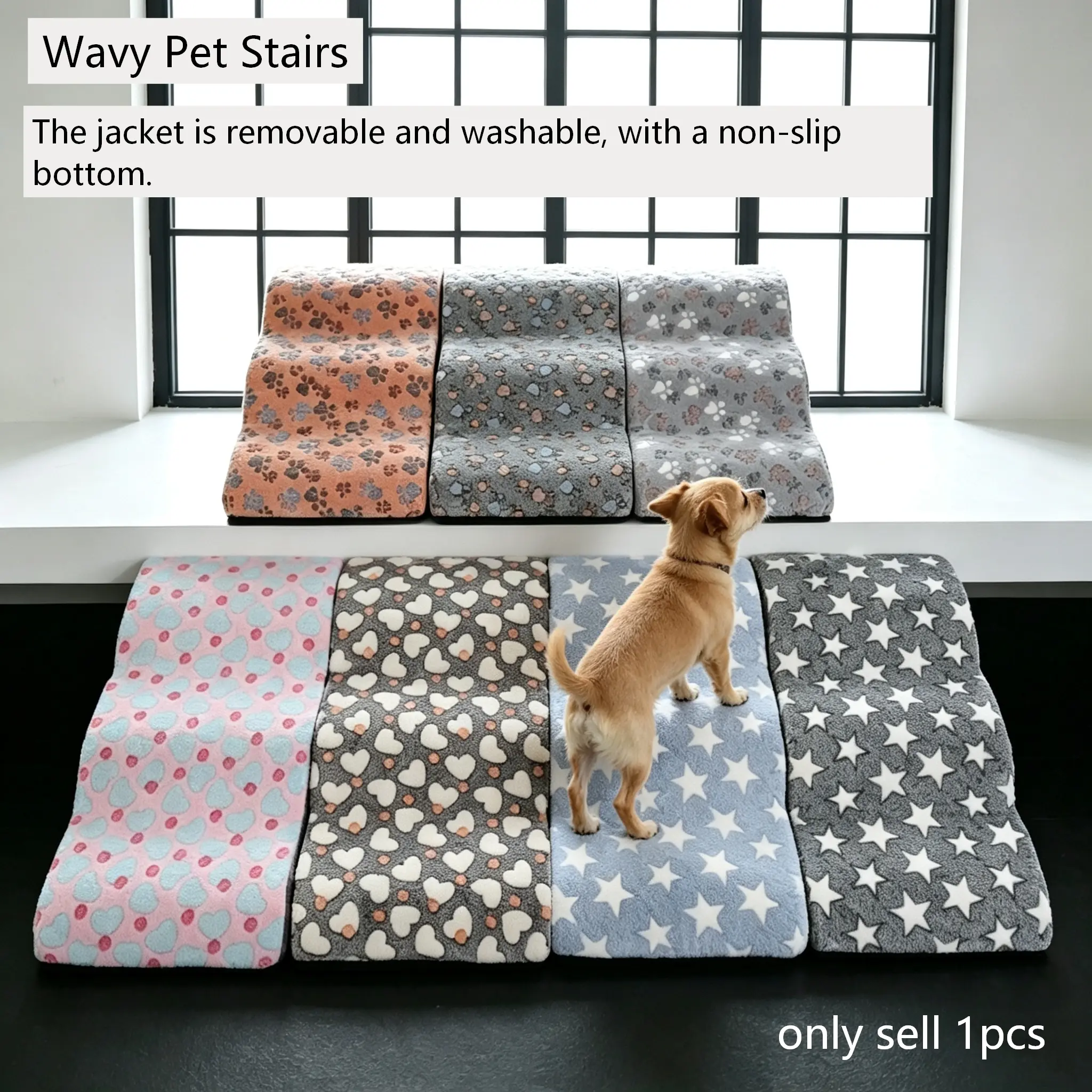 Soft Flannel Pet Stairs Ramp, Washable Non-Slip Pet Steps, Joint Protection Dog Ladder, Suitable for Small Dogs and Cats, Bed or Sofa Use