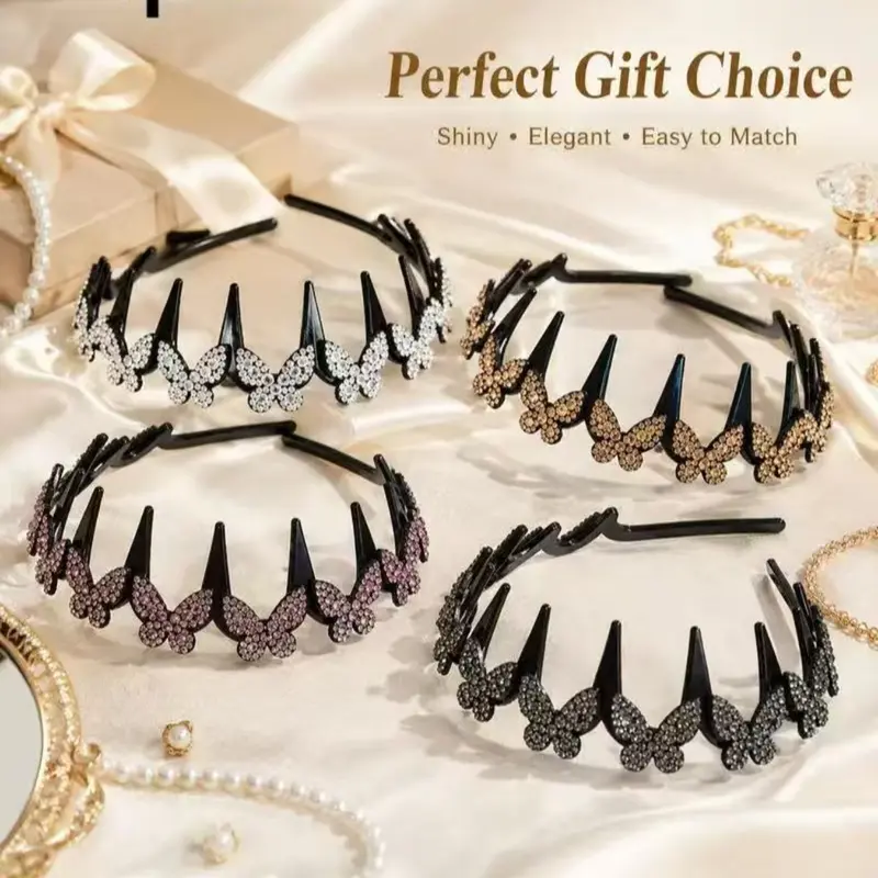 4 Pack Wavy Rhinestone Crystal Butterfly Chic Fashion Headbands for Women, Lightweight Non Slip Sparkly Hair Accessories, Ideal Bridal Gift Set for Wedding, Prom, Party, Daily Wear, Birthday & Holiday Gifting