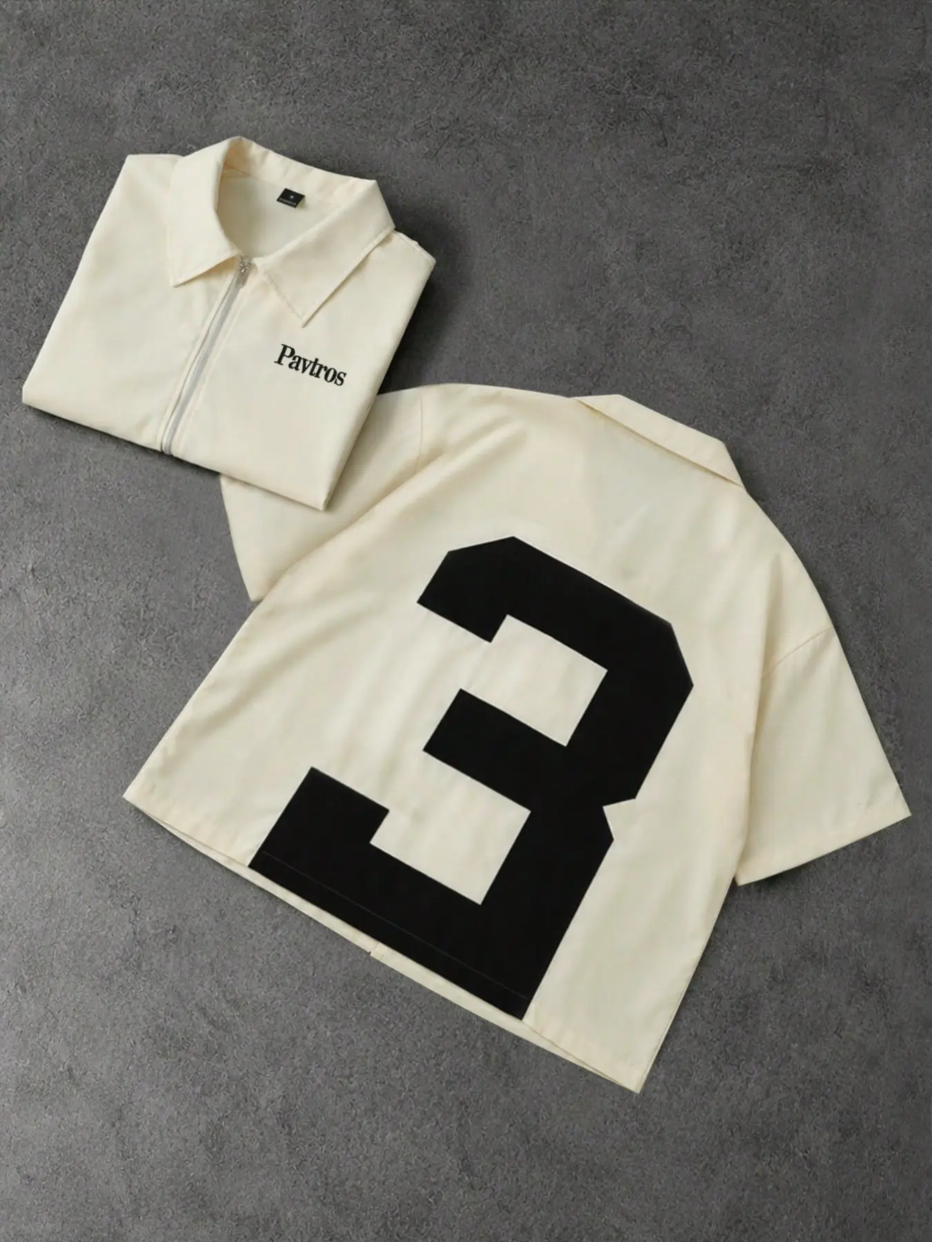 Men's Short Zip-up Lapel Short-Sleeve Shirt Top, Casual, with Pavtros Letter Print on the Chest and a Large Number 3 Graphic on the Back, featuring vintage 90s streetwear style, lightweight, breathable, loose silhouette, ideal for summer skat