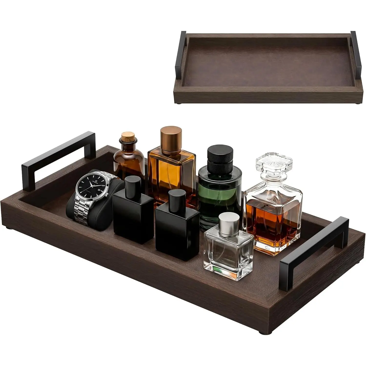 Men's Cologne Tray for Dresser, Acacia , Faux Leather Lining