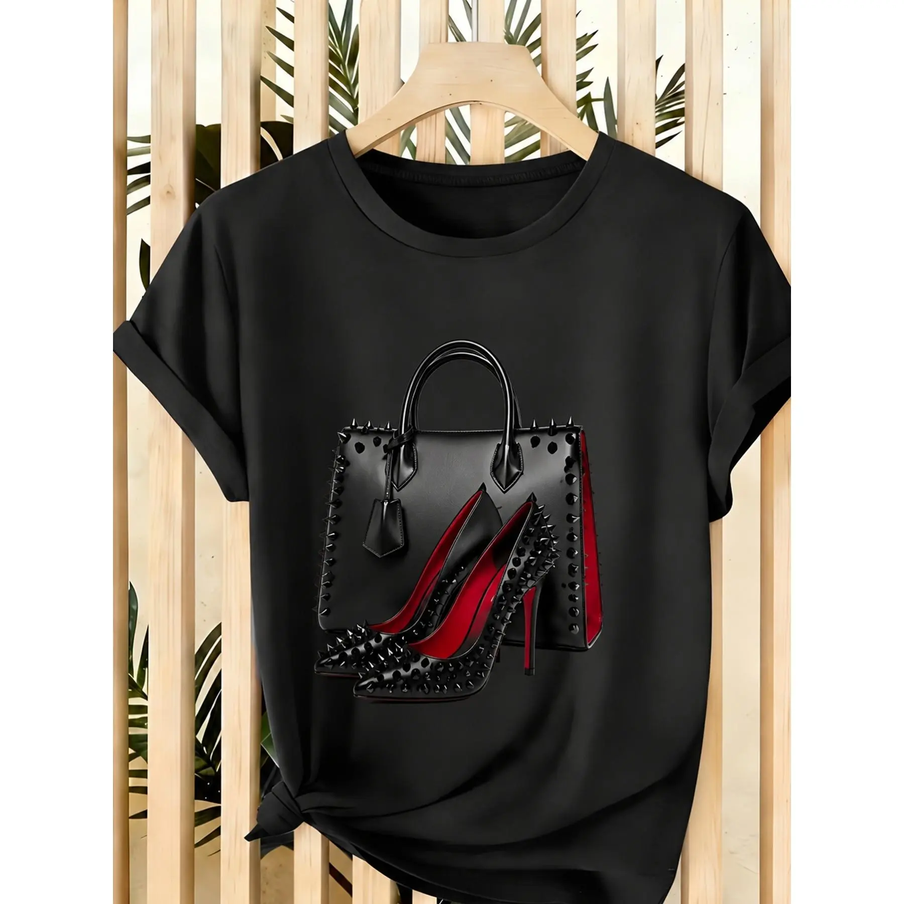 Women' Spiked High Heel Stiletto Graphic T-Shirt - Shoe Lover Gift, Short Sleeve Round Neck Casual Top, Machine Washable Suitable for, Year-Round Versatile Wear for Parties, Everyday Outfits & Shoe-Themed Outfits
