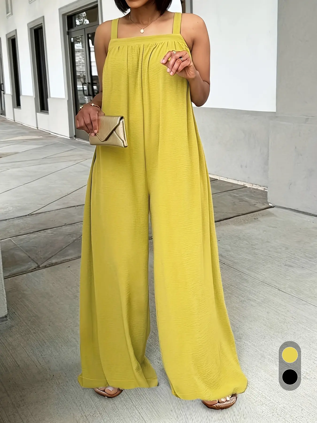 Square-Neck Wide-Leg Jumpsuit, Loose-Fit Spaghetti Straps, High-Waisted Slimming Design, Sleeveless Casual Western Style, 2 Colors Available