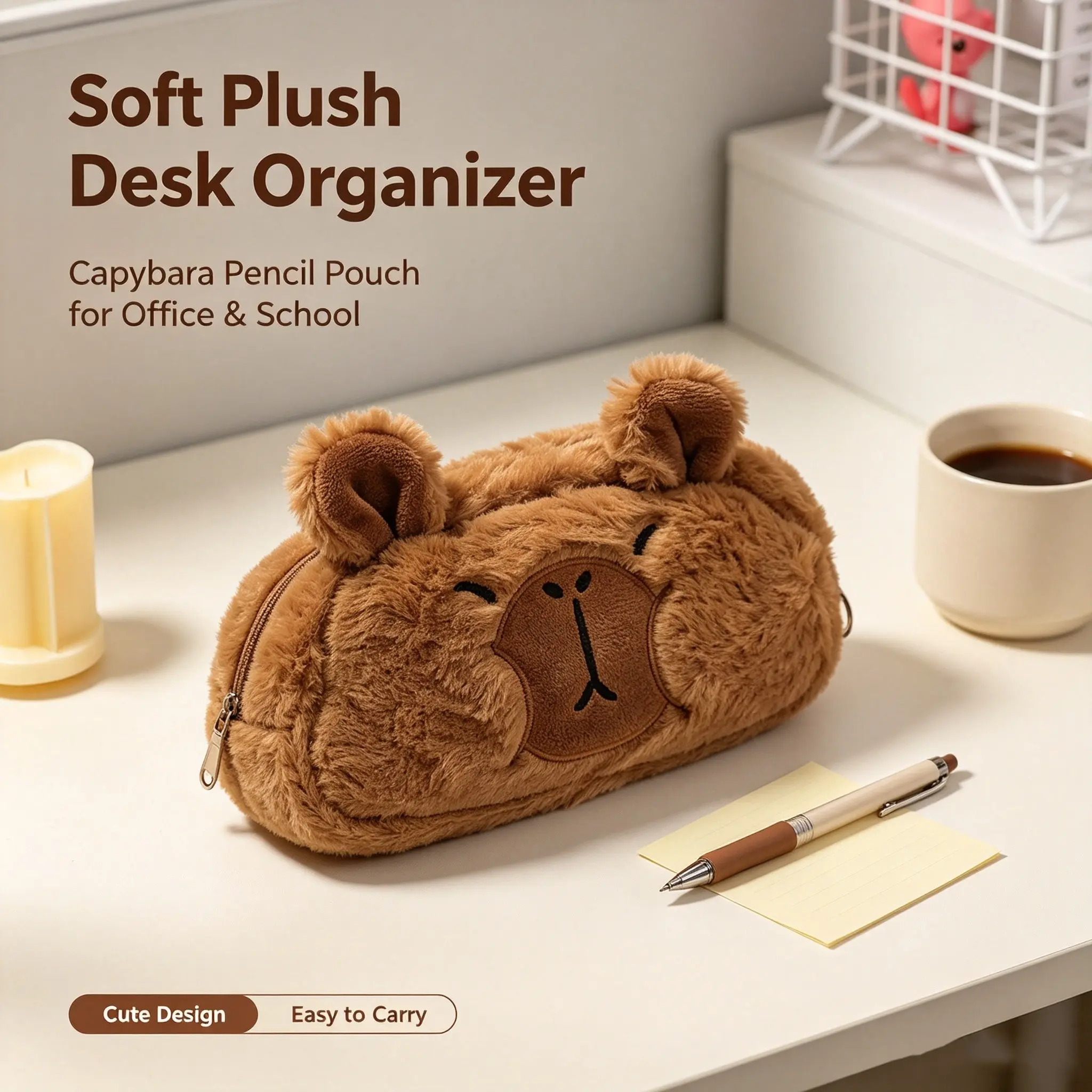 Aesthetic Fluffy Capybara Pencil Pouch, Lovely Plush Pen Bag, Large Capacity Stationery Holder, Ideal for Students & Office Use