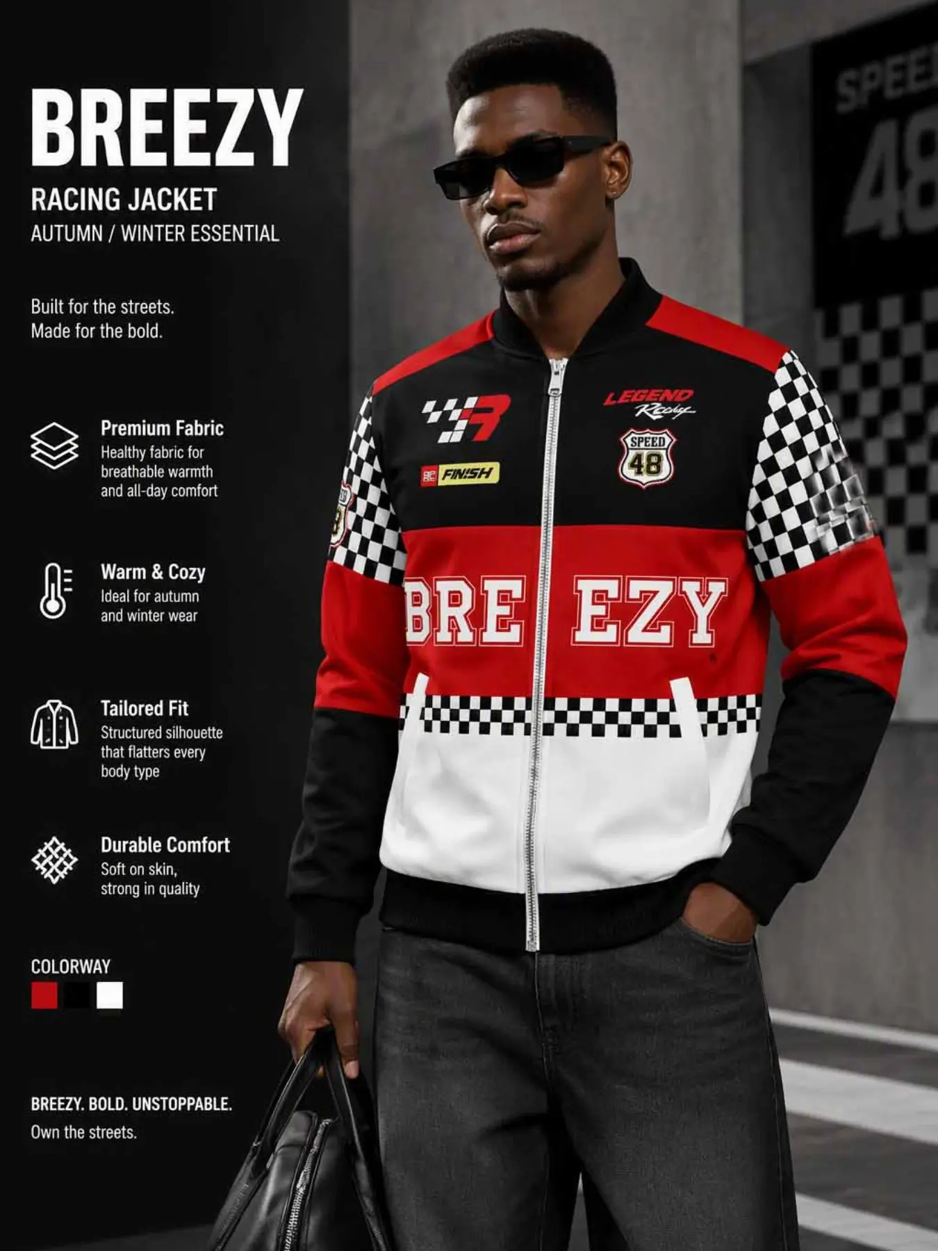 Men's Three-Color Block Motorcycle Racing Full Zipper Bomber Jacket, Vintage Checkered Flag Print, Fall Winter Outerwear