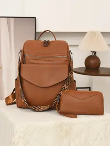 Vintage Leather Texture Backpack, Includes Matching Wallet, Multi-Layer Zippered Storage, Adjustable Strap, Spacious and Practical