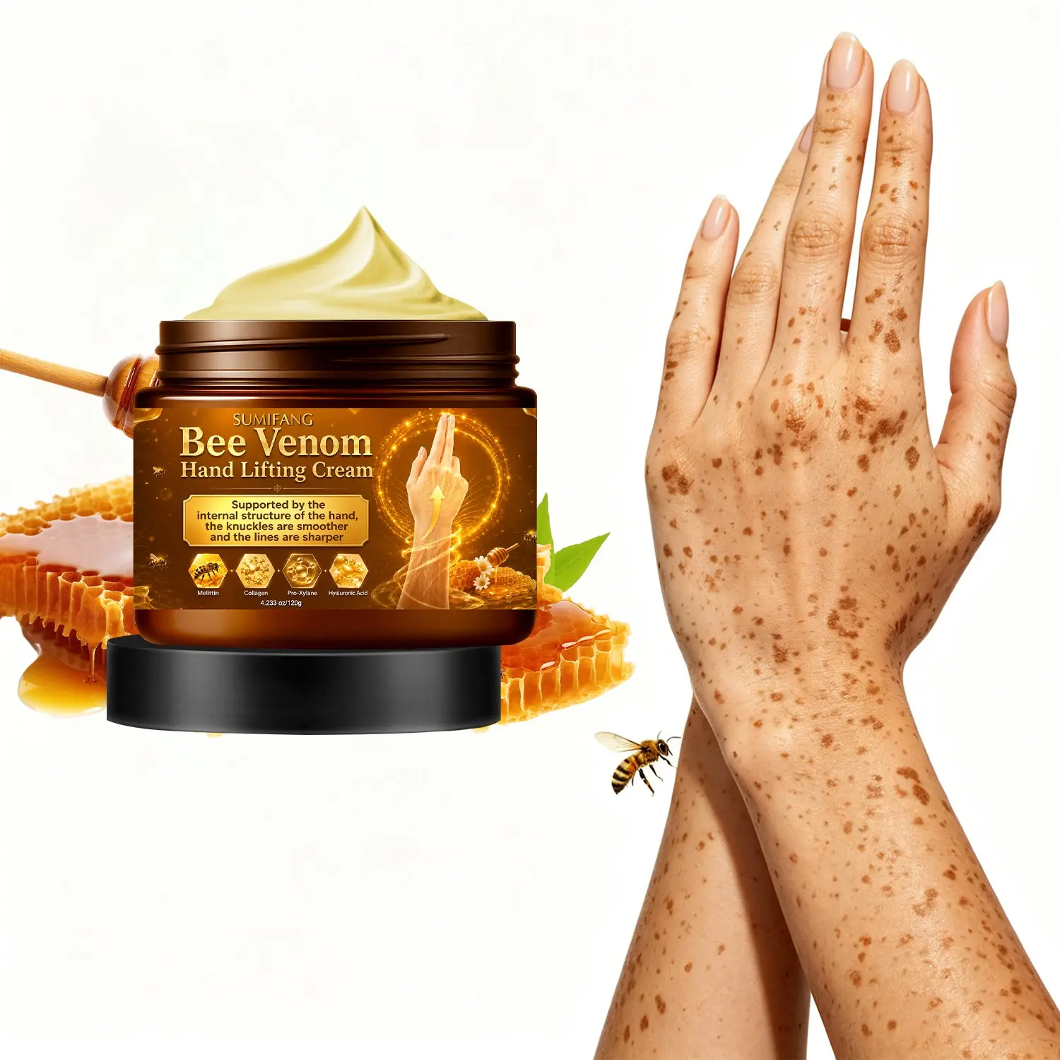 SUMIFANG Bee Venom Lifting Moisturizing Hand Cream 120g – Hand Moisturizer – 4-in-1 Firming Formula – Reduces dark spots and fine lines – Targets hands and fingers – Suitable for mature skin and those showing early signs of aging
