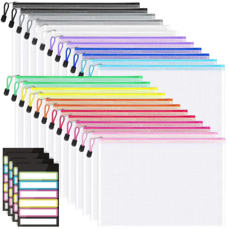 24-Pack Durable Mesh Zipper Pouches with Sticky Labels, A4/Letter Size Office Filing Bags, No-Plastic Toys Board Game Organizers, Multi-Use Beach Storage Bags